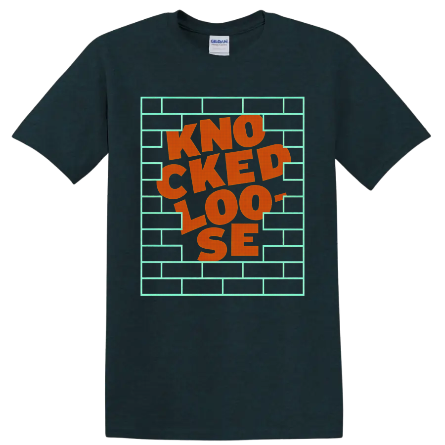 Knocked Loose The Wall orange lettering inside a mint brick wall frame on a Midnight (Green) T Shirt