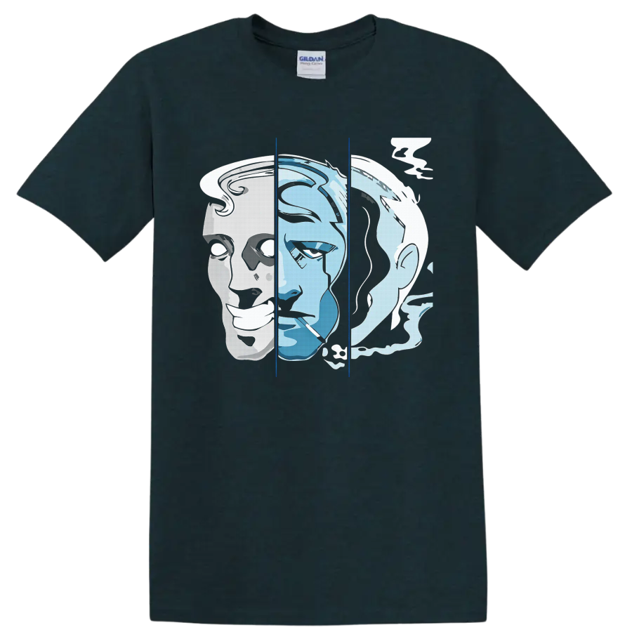 Knocked Loose Laugh Tracks blue and white split-face portrait metalcore graphic on a Midnight (Green) T Shirt