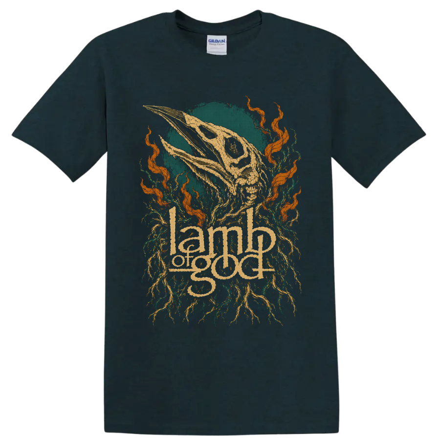 Lamb Of God ornate logo beneath distressed animal skull, roots, and orange flames on a Midnight (Green) T Shirt