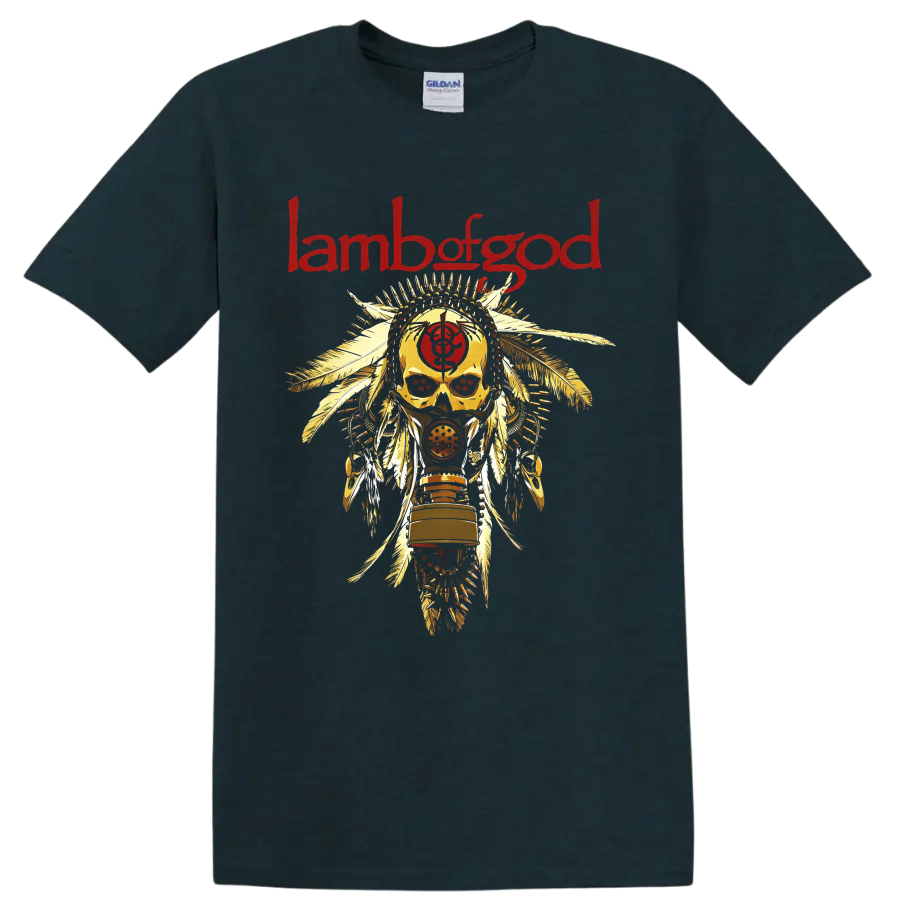 Lamb of God red logo above feathered skull and respirator mask metal artwork on a Midnight (Green) T Shirt