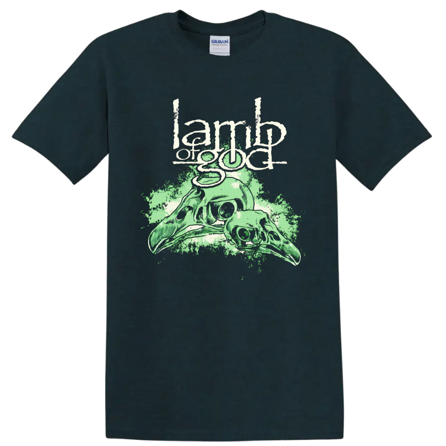 Lamb of God distressed logo above pale green animal skulls and splatter art on a Midnight (Green) T Shirt