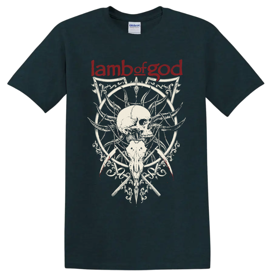 Lamb of God red logo above ornate gothic skull and animal skull artwork on a Midnight (Green) T Shirt
