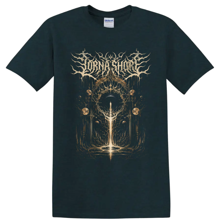 Lorna Shore logo above gothic cosmic eclipse, planets, arches, and luminous beam artwork on a Midnight (Green) T Shirt