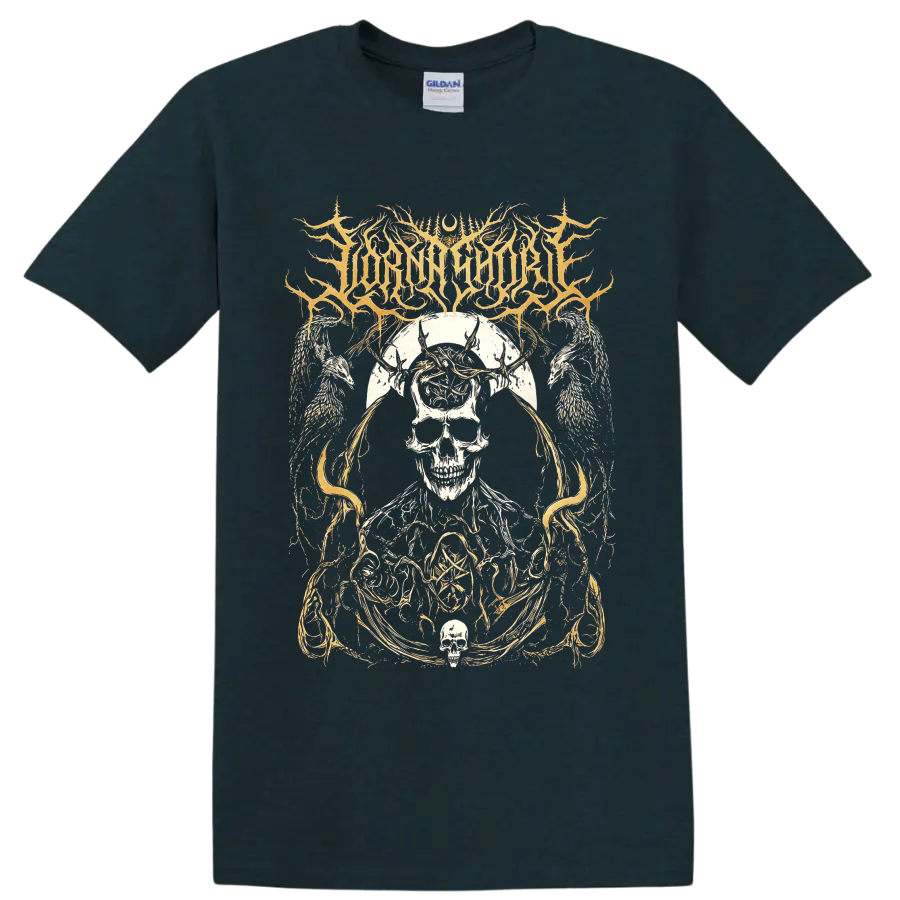 Lorna Shore skull, horned figure, angel wings, and ornate gothic linework on a Midnight (Green) T Shirt