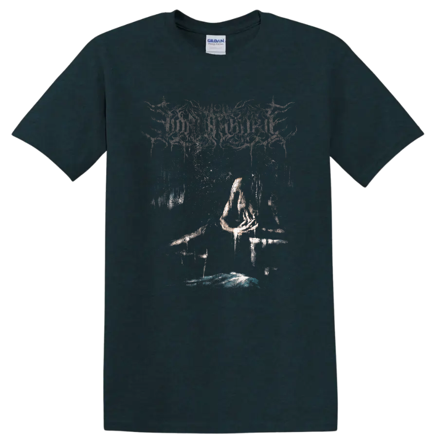 Lorna Shore logo above a dark surreal faceless figure with skeletal branches on a Midnight (Green) T Shirt