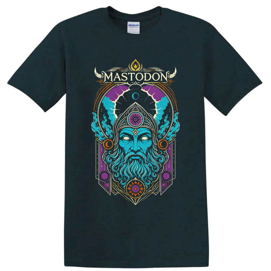 Mastodon logo above a blue wizard with psychedelic celestial and ornamental art on a Midnight (Green) T Shirt