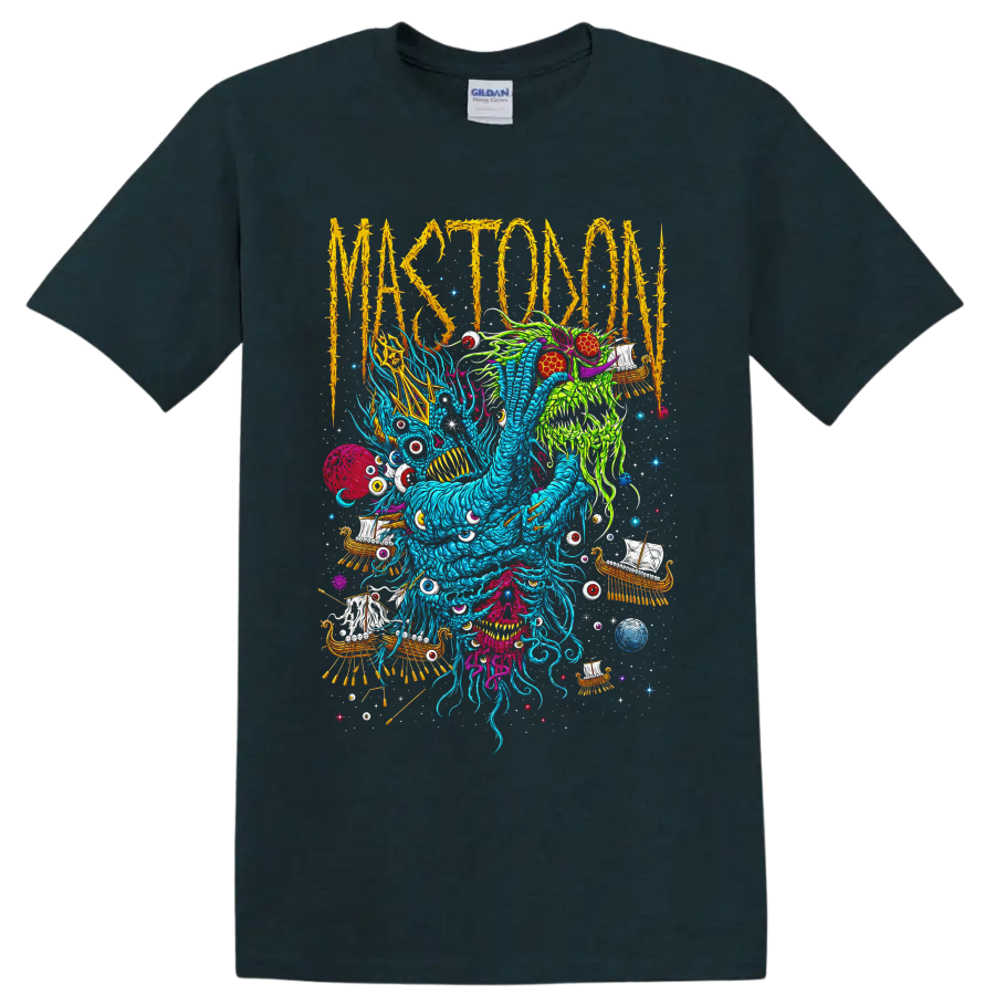 Mastodon thorn-lettered psychedelic monster with Viking ships, eyes, and cosmic details on a Midnight (Green) T Shirt