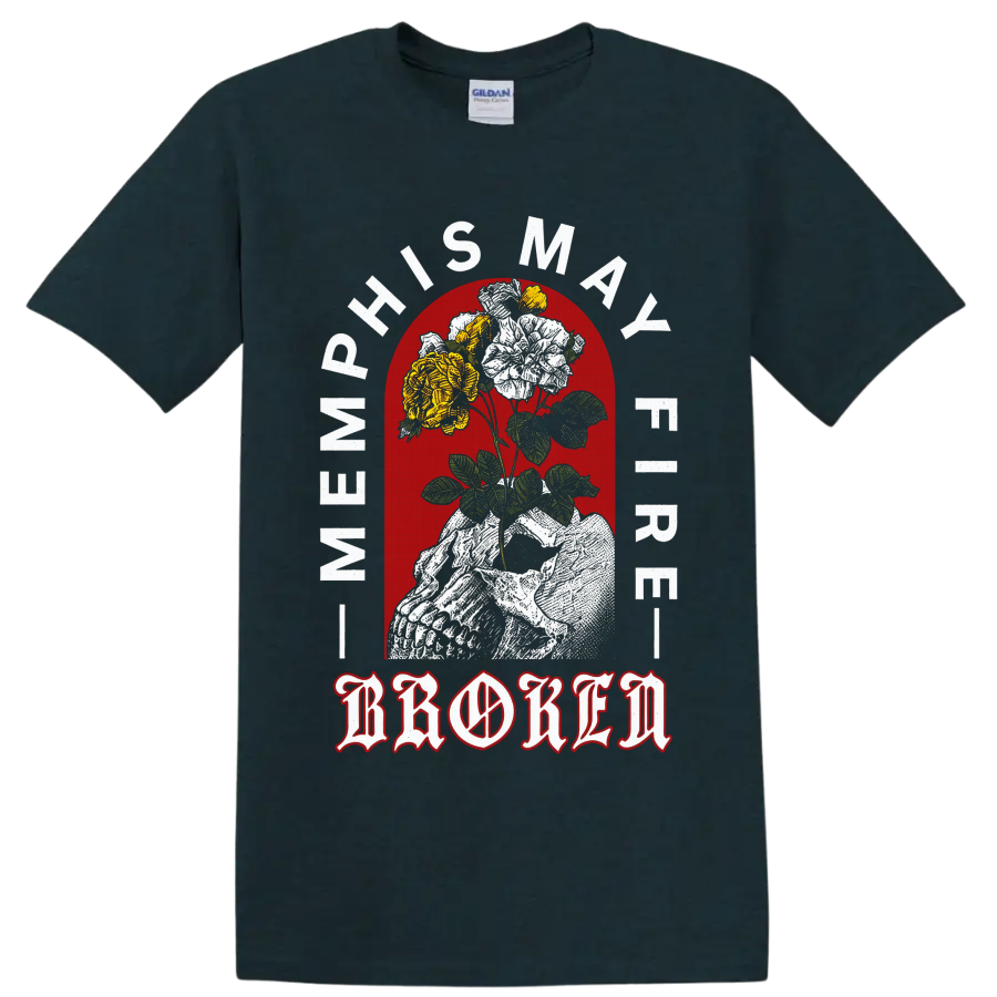 Memphis May Fire gothic statue holding roses with red arch and ornate lettering on a Midnight (Green) T Shirt