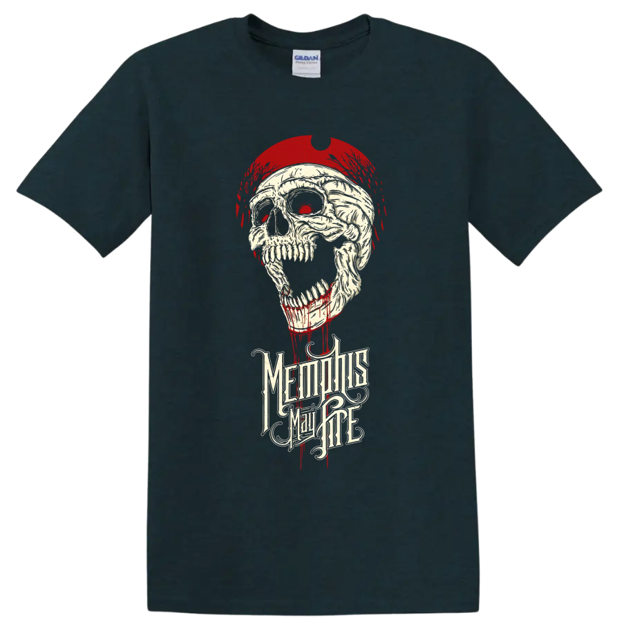 Memphis May Fire gothic skull with red paint drips and ornate band lettering on a Midnight (Green) T Shirt