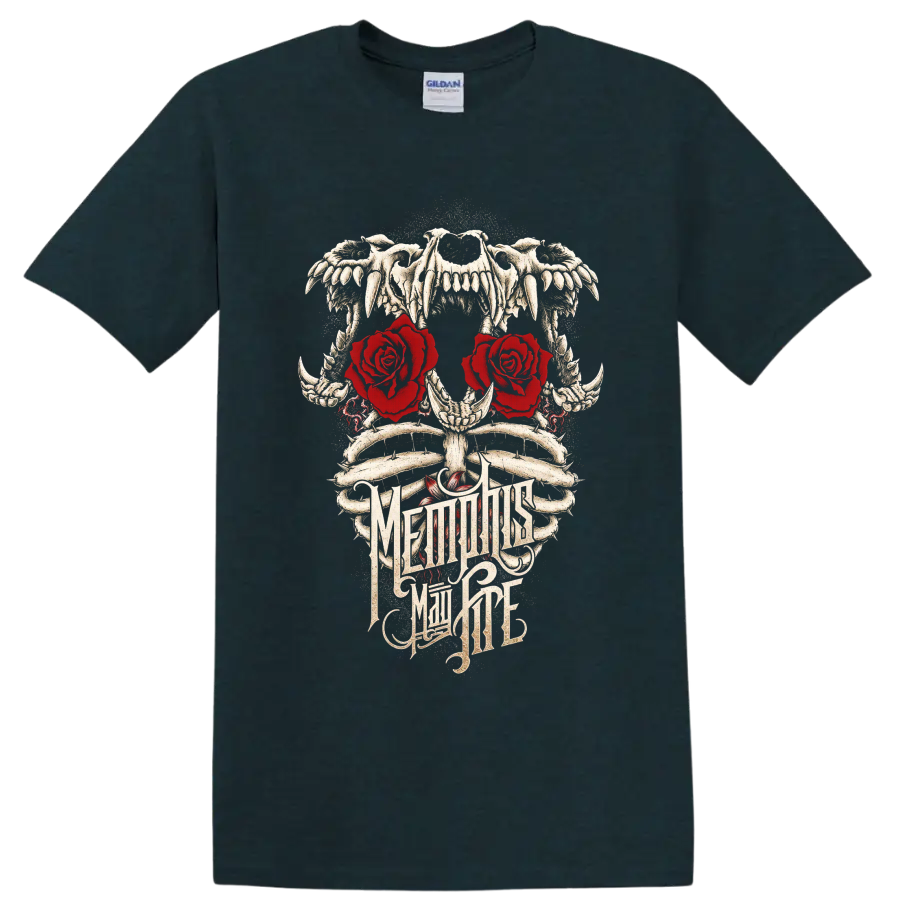 Memphis May Fire gothic skull, bones, red roses, and ornate logo artwork on a Midnight (Green) T Shirt