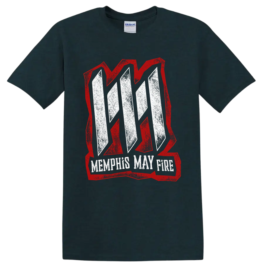 Memphis May Fire distressed white logo inside a bold red angular emblem on a Midnight (Green) T Shirt