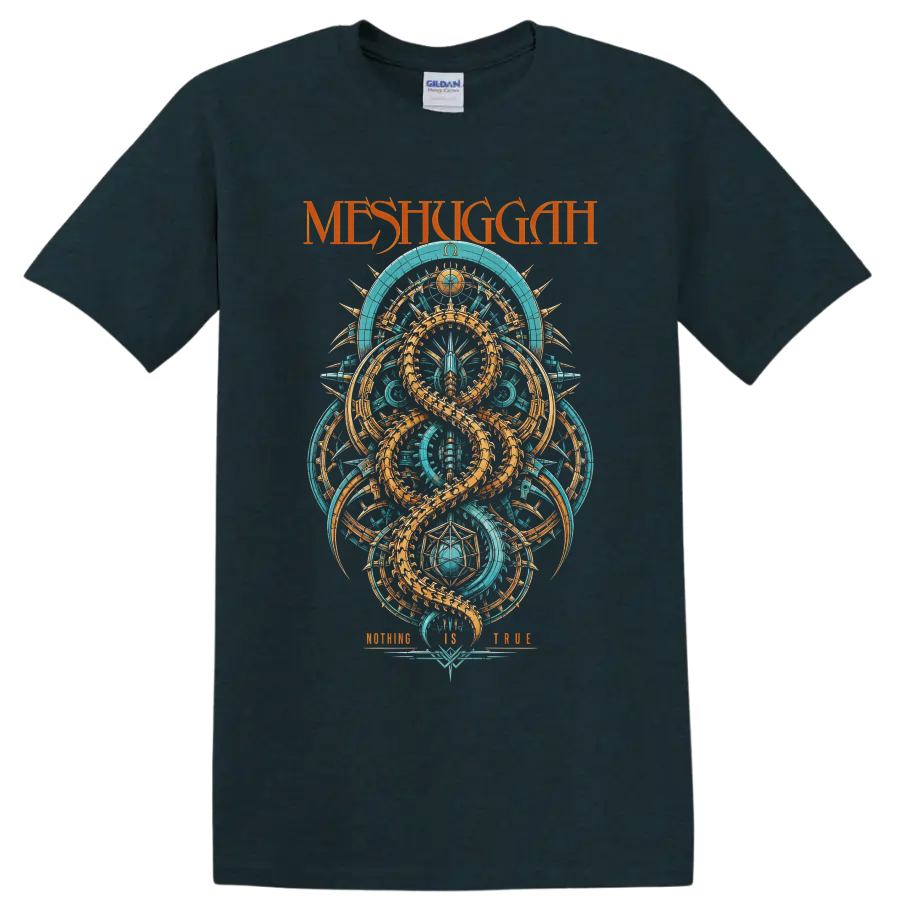 Meshuggah Koloss-inspired turquoise and orange serpent geometry with Nothing Is True text on a Midnight (Green) T Shirt