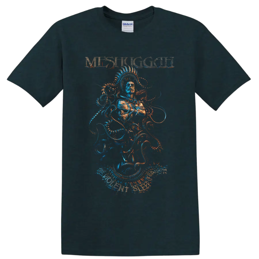 Meshuggah surreal masked figure with spiked halo and blue-orange mechanical tendrils on a Midnight (Green) T Shirt