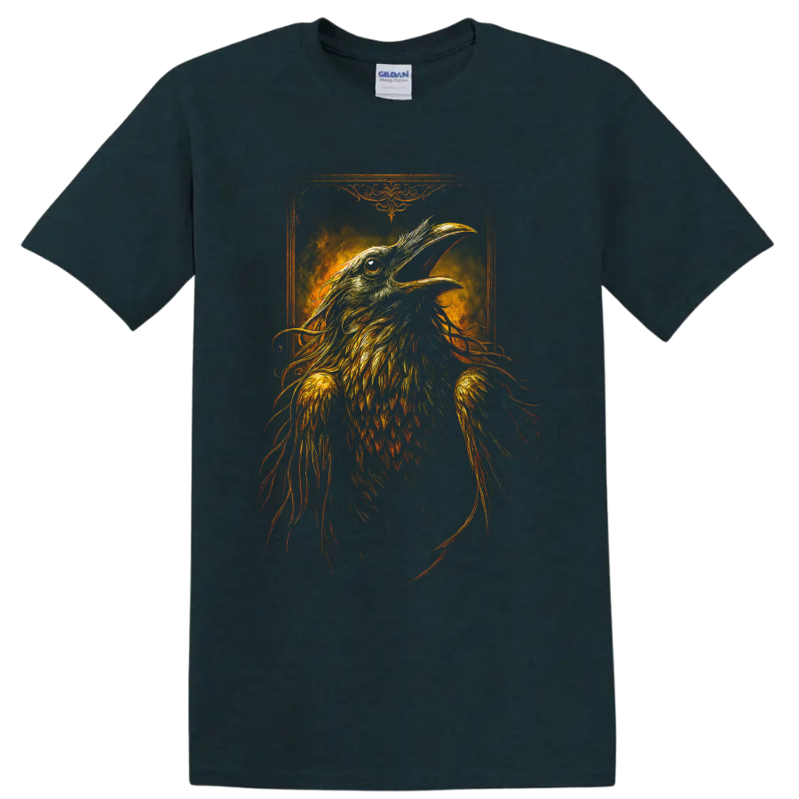 Detailed gothic raven illustration with fiery feathers and ornate vintage frame on a Midnight (Green) T Shirt