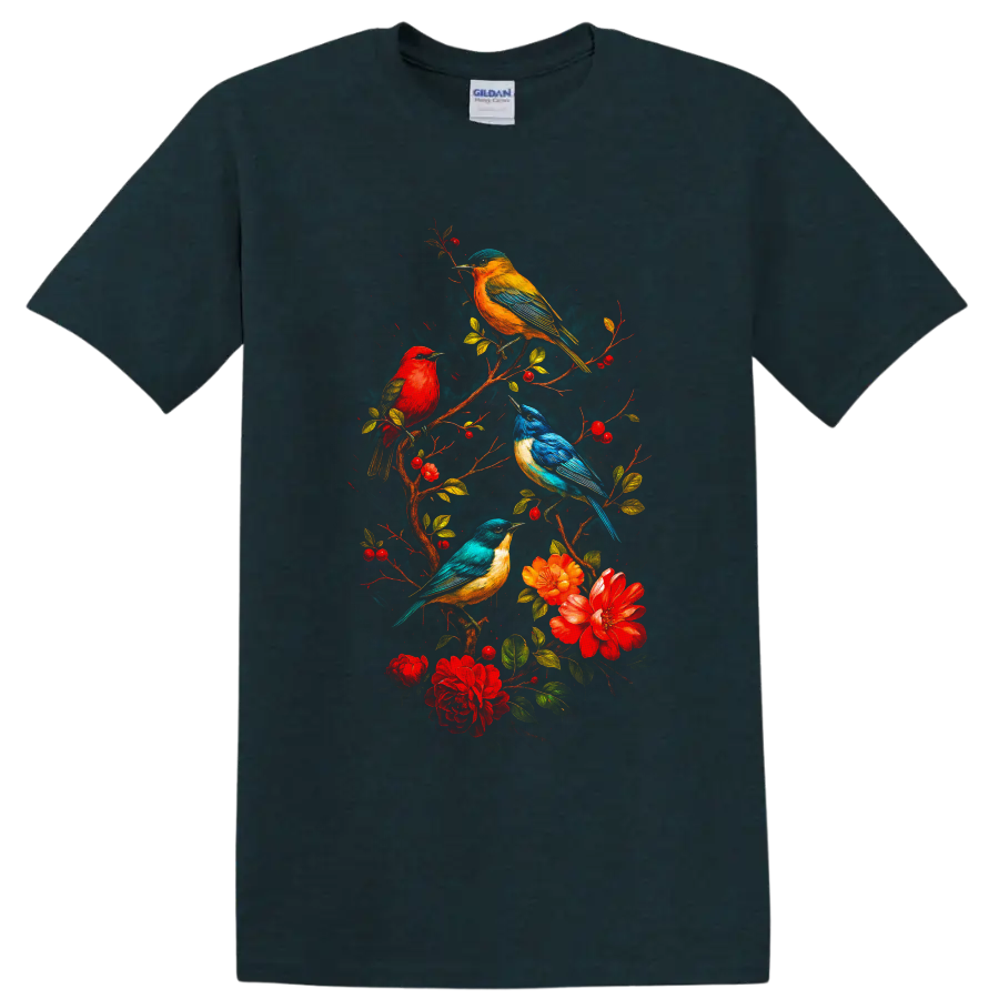 Vibrant songbirds on flowering berry branches in a colorful botanical illustration on a Midnight (Green) T Shirt