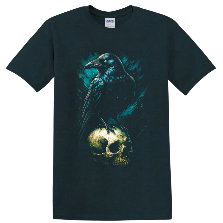 Teal grunge raven perched on a weathered skull gothic bird illustration on a Midnight (Green) T Shirt