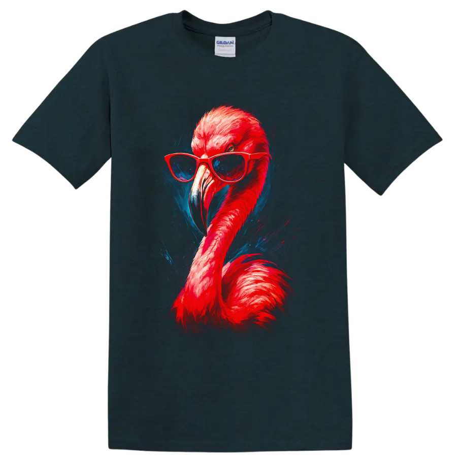 Stylish flamingo in red sunglasses with vivid neon painterly blue accents on a Midnight (Green) T Shirt