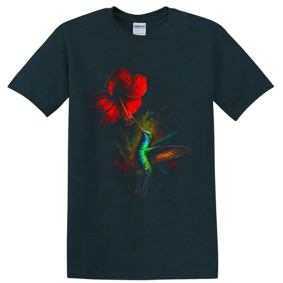 Vibrant hummingbird reaching toward a red hibiscus in dramatic painterly wildlife art on a Midnight (Green) T Shirt