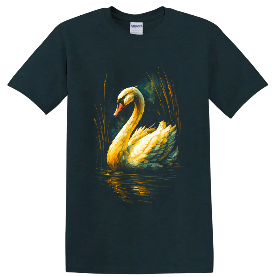 Dramatic painterly mute swan with golden feathers, reeds, and reflective water on a Midnight (Green) T Shirt