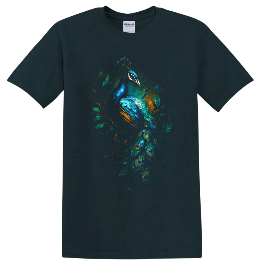 Modernist peacock illustration with vivid blue plumage, eye-feather tail, and leafy on a Midnight (Green) T Shirt