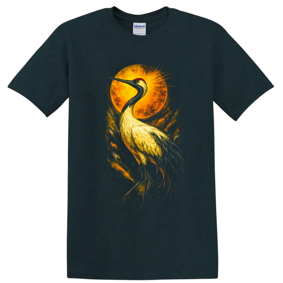 Sandhill crane beneath a golden sun in dramatic painterly wildlife art on a Midnight (Green) T Shirt