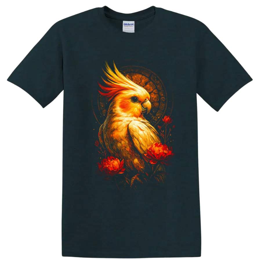 Golden cockatiel portrait with red flowers and textured sunset halo on a Midnight (Green) T Shirt