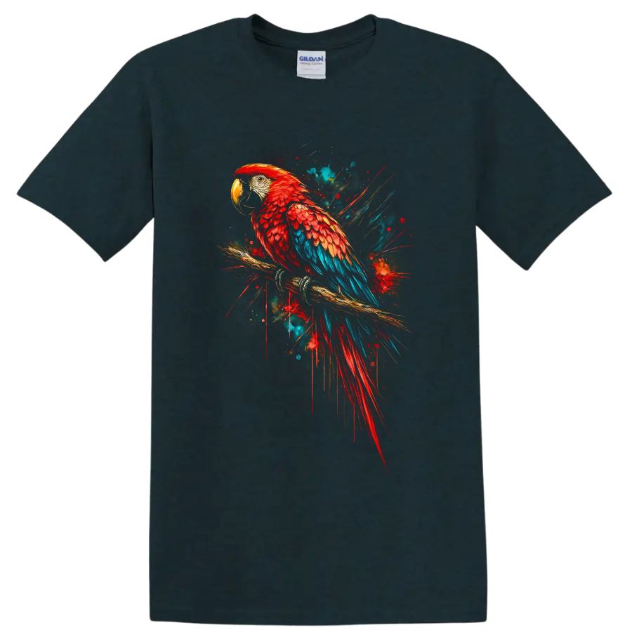 Scarlet macaw parrot on a branch in vibrant red and blue paint splash art on a Midnight (Green) T Shirt