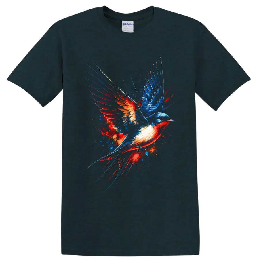 Dynamic artistic swallow in flight with electric blue and fiery red painted wings on a Midnight (Green) T Shirt
