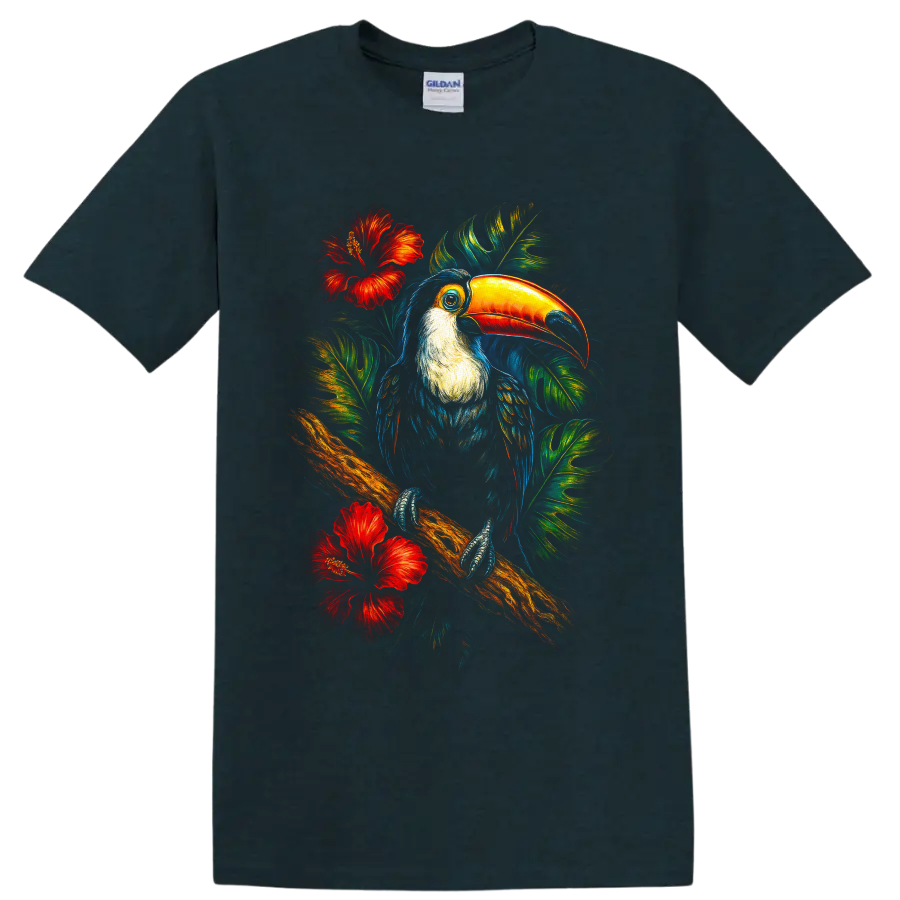 Vibrant painterly toucan on a branch with tropical leaves and red hibiscus flowers on a Midnight (Green) T Shirt