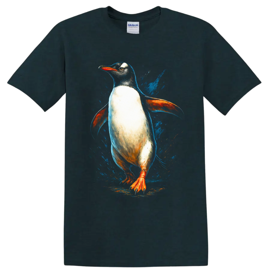 Dynamic Gentoo penguin in colorful painterly wildlife art with blue splashes on a Midnight (Green) T Shirt