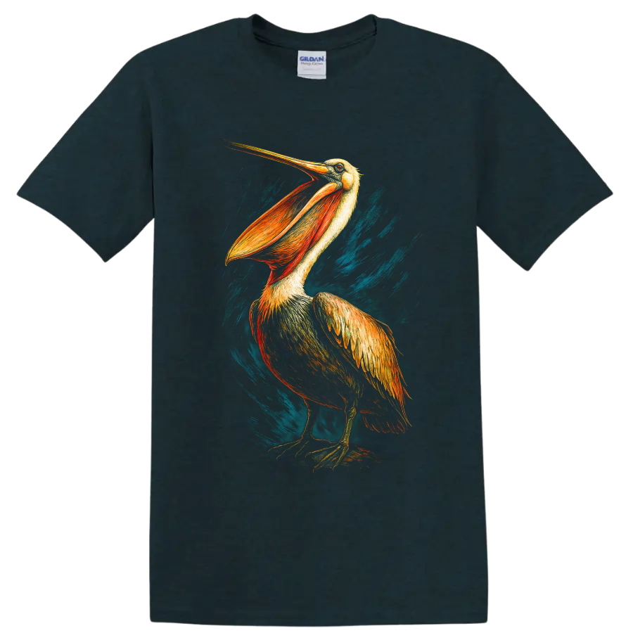 Dramatic hand-drawn pelican with golden feathers and teal coastal brushstrokes on a Midnight (Green) T Shirt