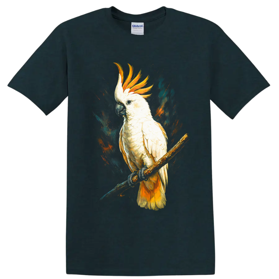 Sulphur-crested cockatoo perched on a branch in dramatic modern wildlife art on a Midnight (Green) T Shirt