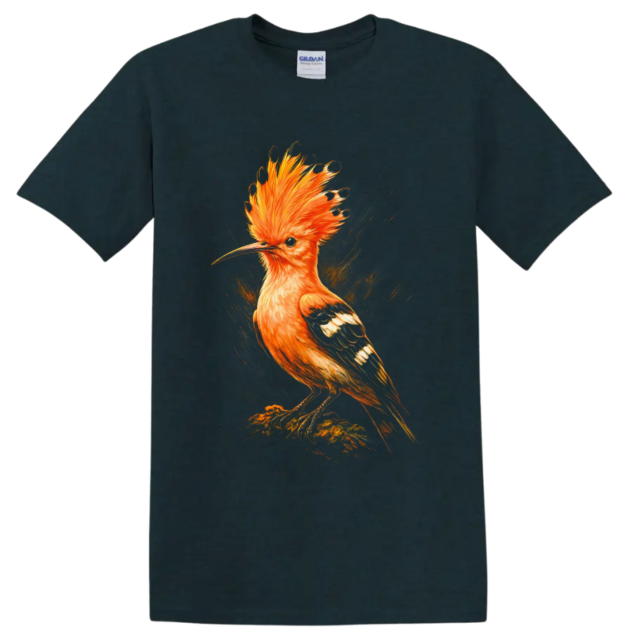 Vibrant artistic hoopoe bird with orange crest, patterned wings, and painterly background on a Midnight (Green) T Shirt