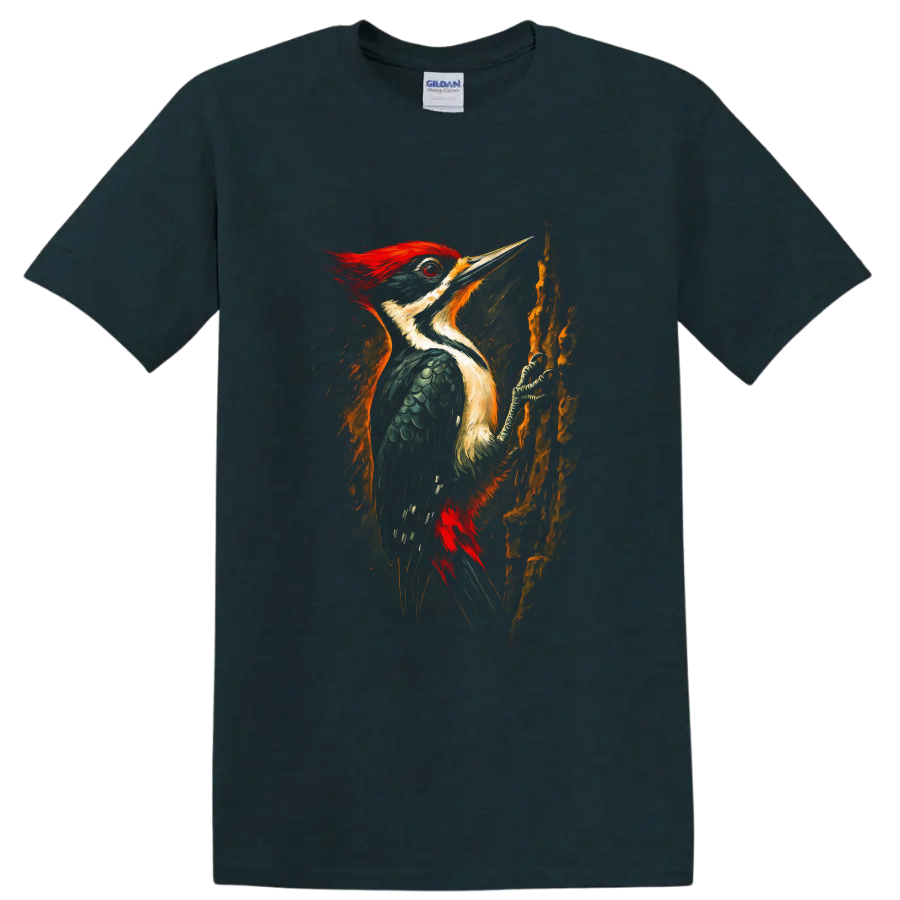 Vibrant painterly pileated woodpecker perched on textured tree bark on a Midnight (Green) T Shirt