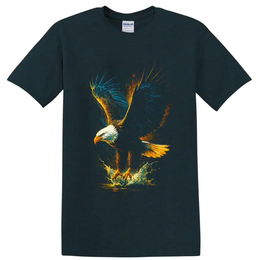Soaring bald eagle wildlife art with blue wings, golden paint splashes, and water burst on a Midnight (Green) T Shirt