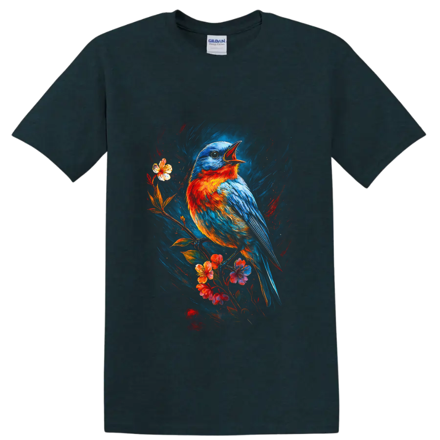 Eastern bluebird singing on a flowering branch in vivid painterly bird art on a Midnight (Green) T Shirt