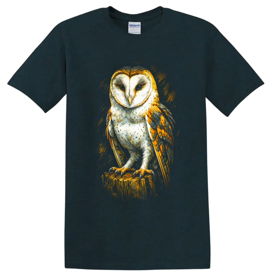Realistic barn owl perched on a tree stump in dramatic golden painterly wildlife art on a Midnight (Green) T Shirt