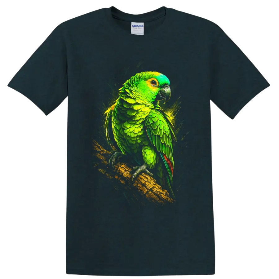 Dramatic neon-style Amazon parrot perched on a branch on a Midnight (Green) T Shirt