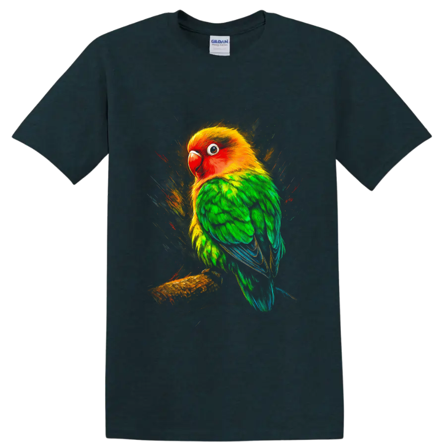 Vibrant sun conure parrot portrait on a branch with painterly tropical splashes on a Midnight (Green) T Shirt