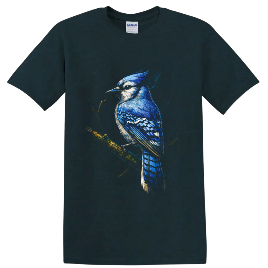 Painterly blue jay perched on a mossy branch with vivid blue feathers on a Midnight (Green) T Shirt
