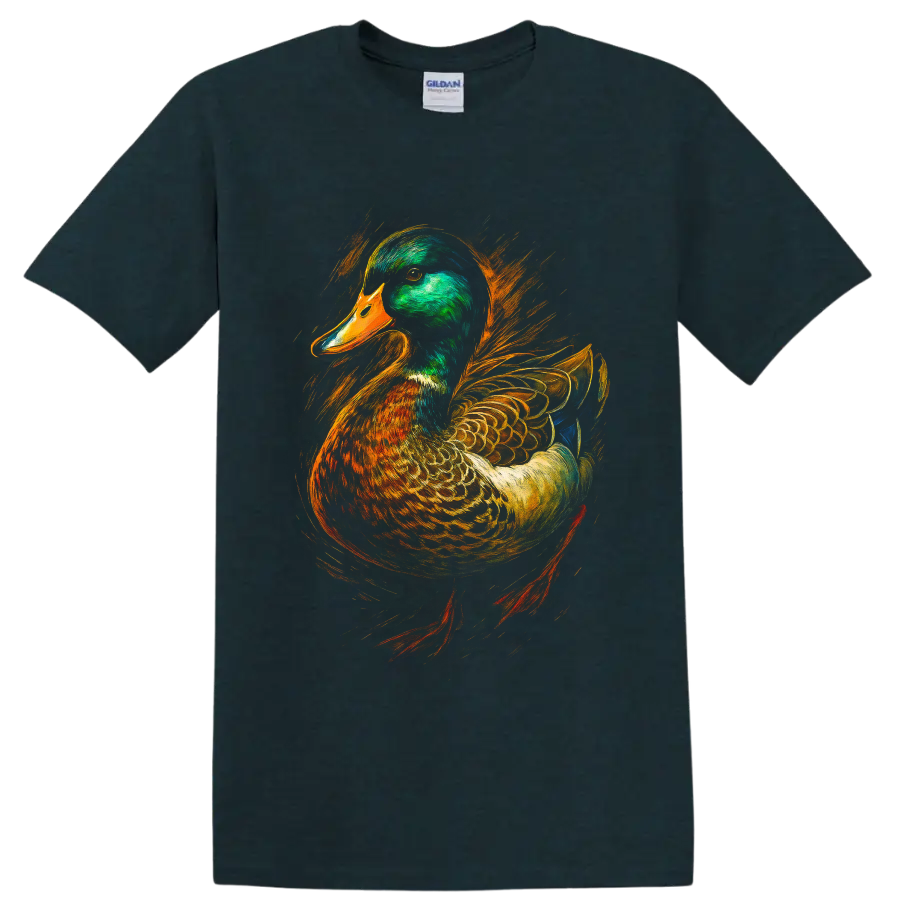 Realistic mallard drake portrait with vivid orange and gold painterly brushstrokes on a Midnight (Green) T Shirt