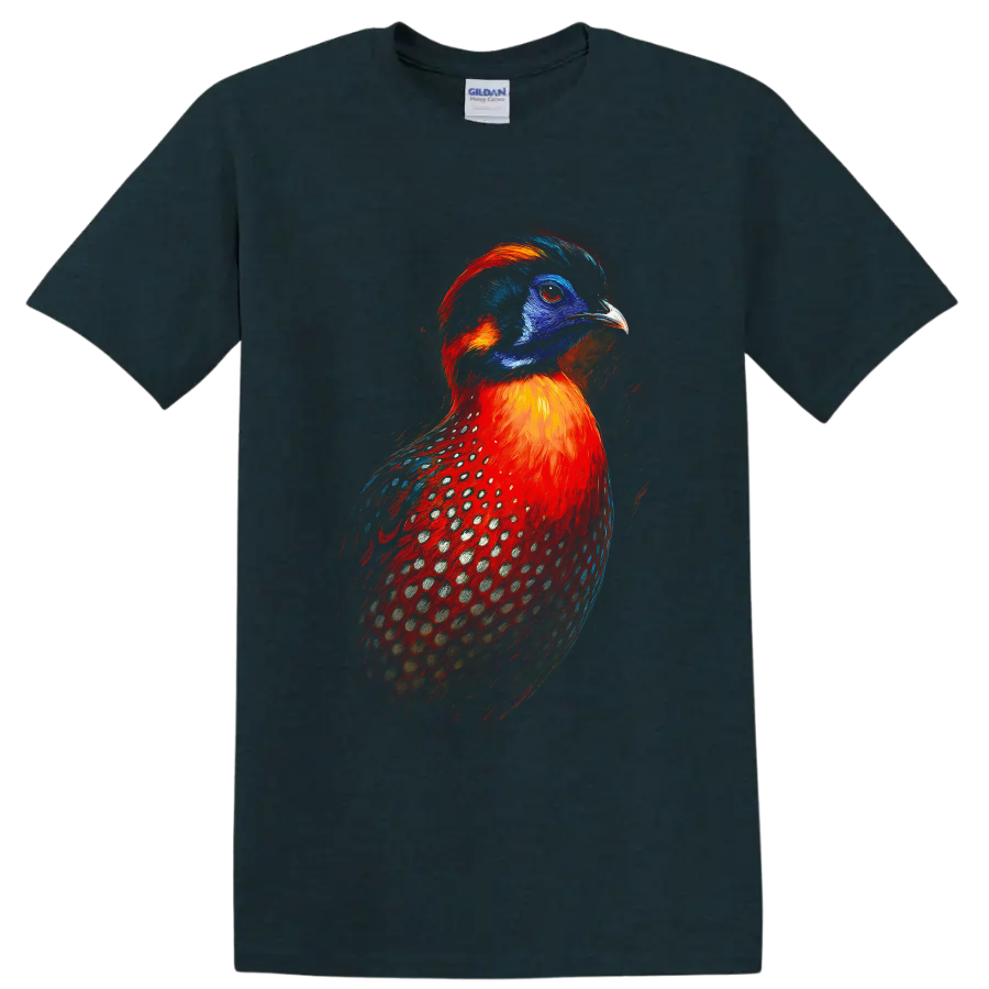 Vibrant painted Temminck's tragopan pheasant portrait with blue, red, and spotted plumage on a Midnight (Green) T Shirt