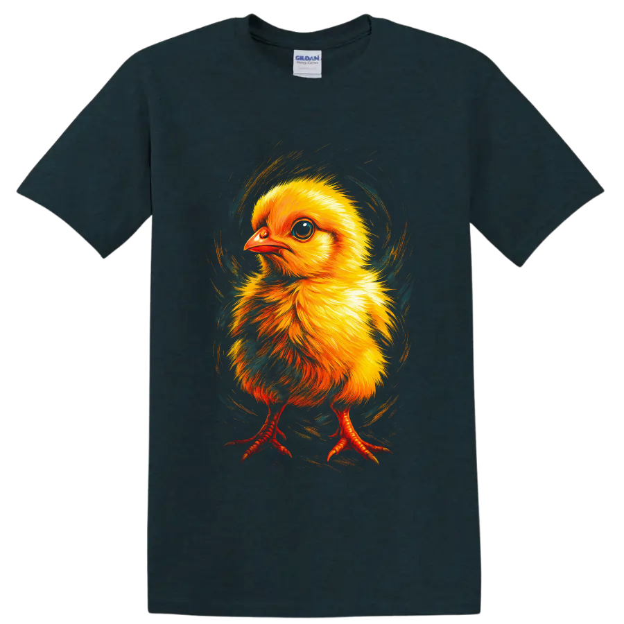 Colorful painted baby chick with yellow feathers and swirling teal brushwork on a Midnight (Green) T Shirt
