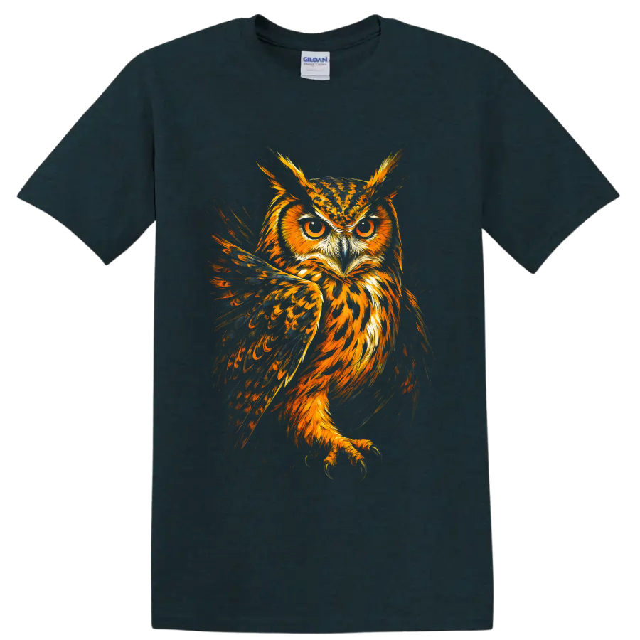 Fiery painterly Eurasian eagle-owl portrait with amber eyes and spread dark wings on a Midnight (Green) T Shirt
