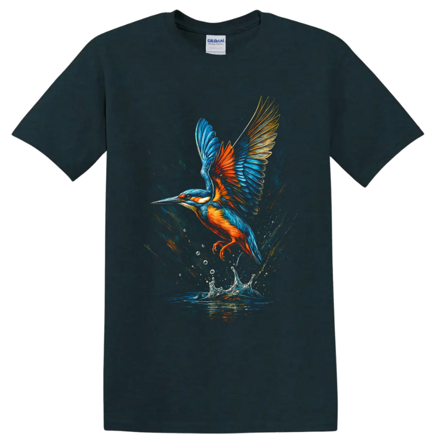 Colorful kingfisher in flight above a water splash in painterly wildlife art on a Midnight (Green) T Shirt