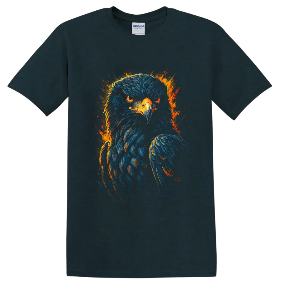 Fierce bald eagle portrait in blue and orange fiery paint-splash art on a Midnight (Green) T Shirt