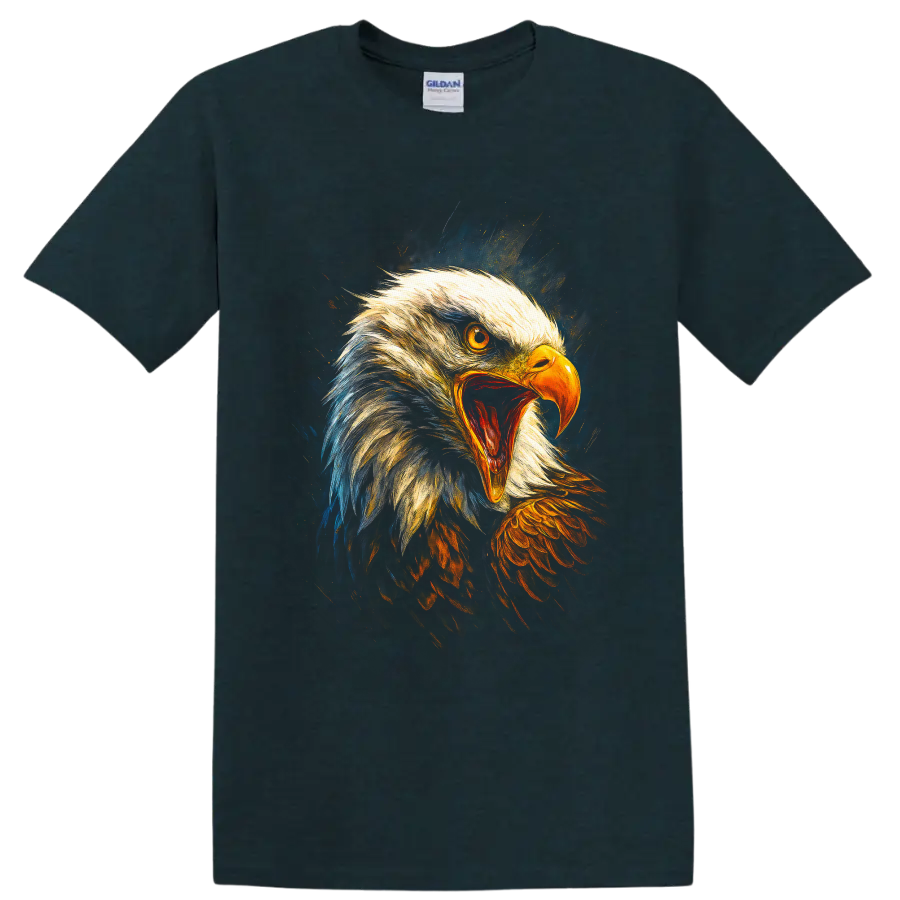 Roaring bald eagle portrait in vivid painterly gold, orange, blue, and dark tones on a Midnight (Green) T Shirt