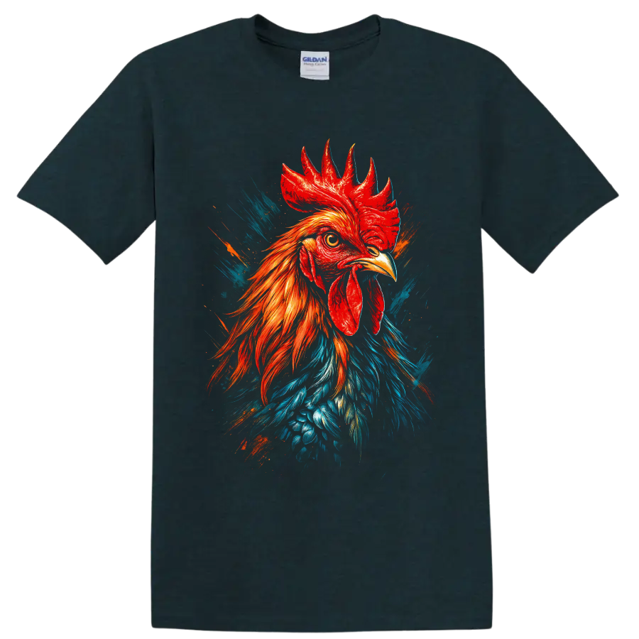 Realistic rooster portrait with red, orange, and blue paint-splash graphic art on a Midnight (Green) T Shirt