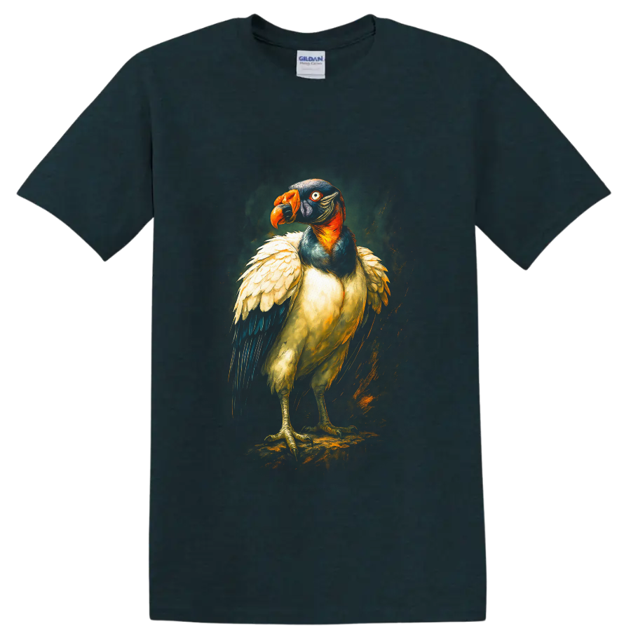 Painterly king vulture portrait with orange beak, colorful head, and layered feathers on a Midnight (Green) T Shirt