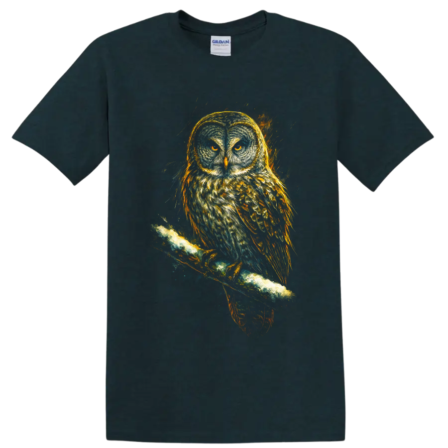 Realistic owl with amber eyes perched on a branch in dramatic nighttime wildlife art on a Midnight (Green) T Shirt